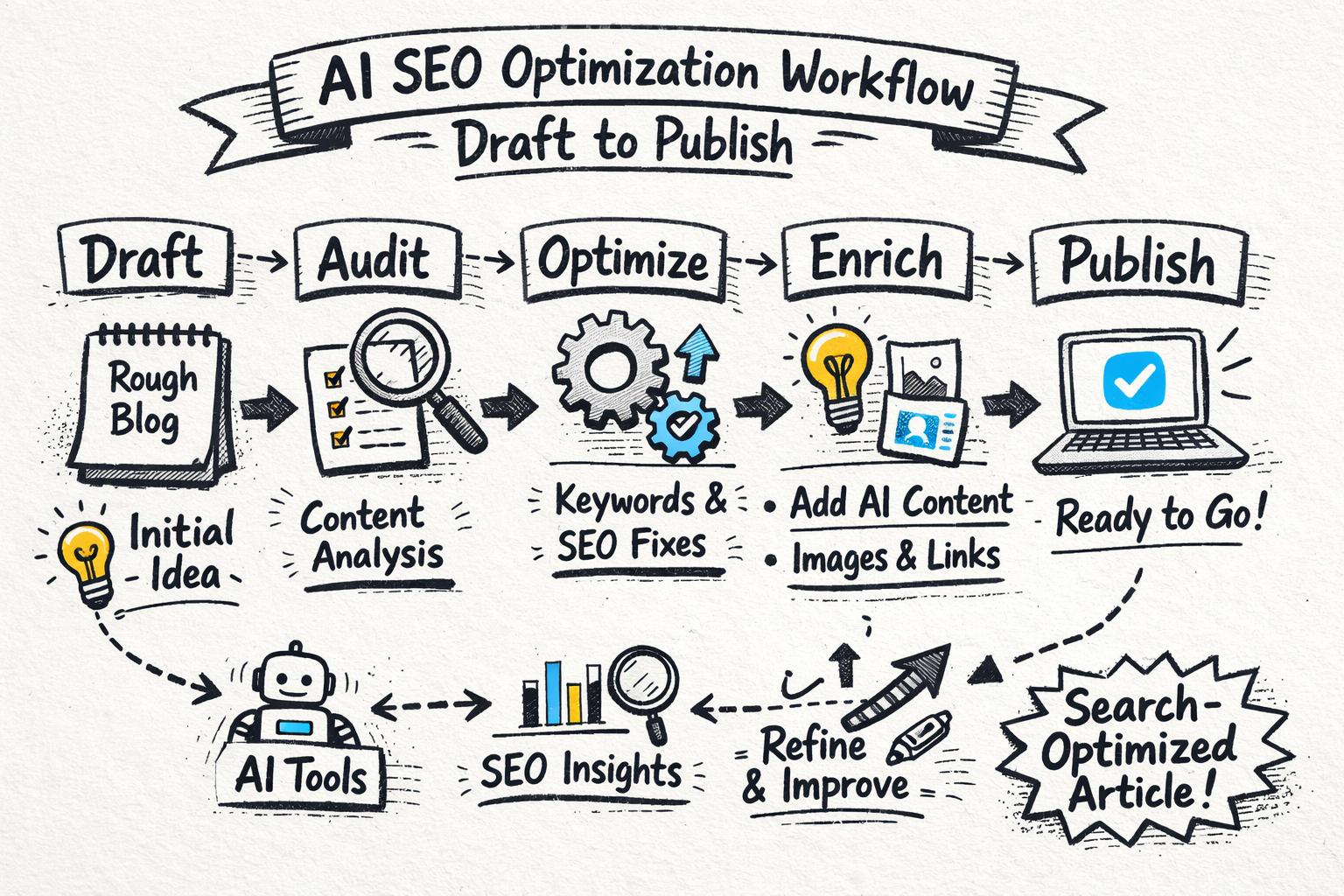 Step-by-step AI SEO optimization workflow transforming a rough blog draft into a polished, search-optimized article