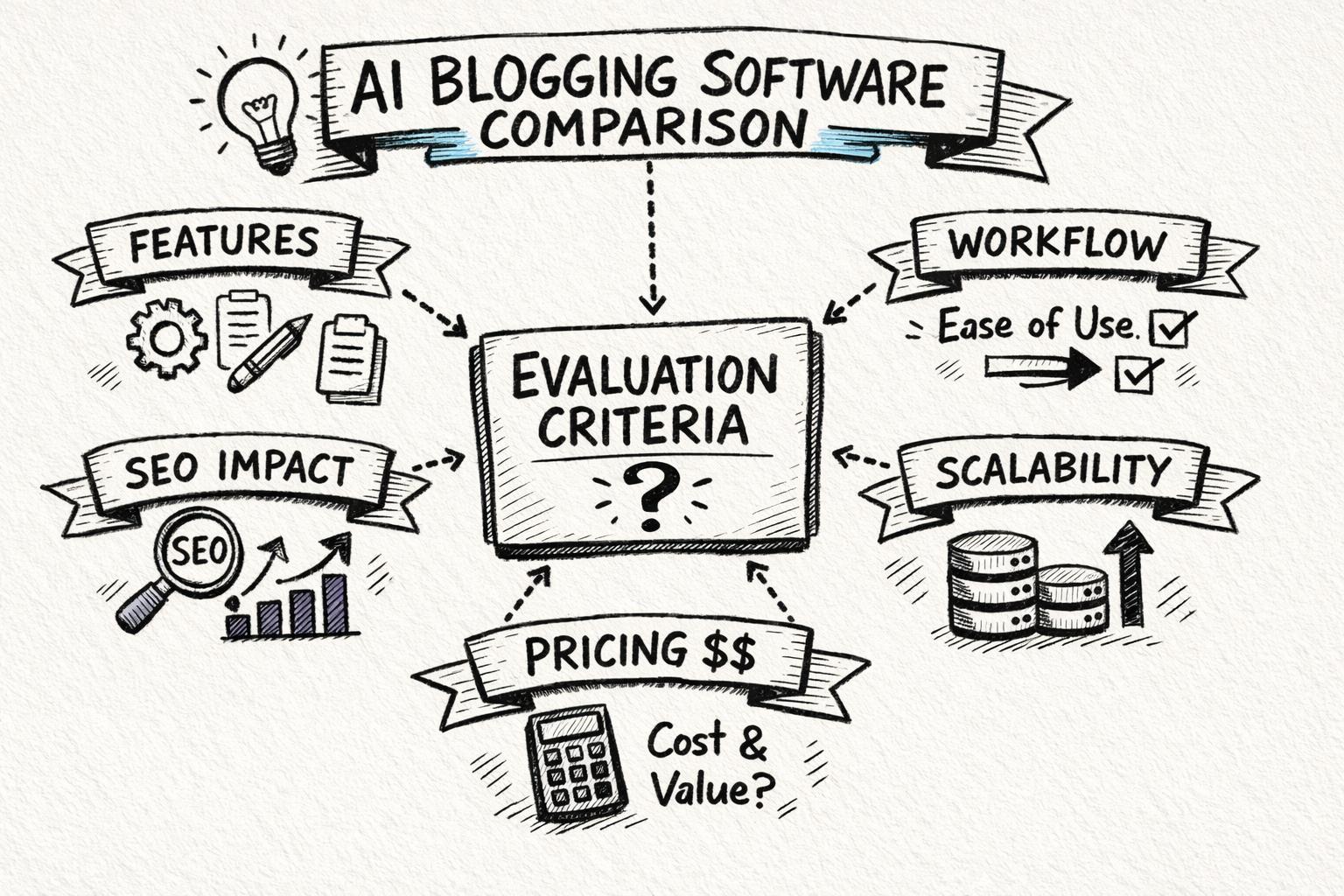 Comparison framework for evaluating AI blogging software, showing key pillars like features, workflow, SEO impact, pricing, and scalability laid out in a clean diagram