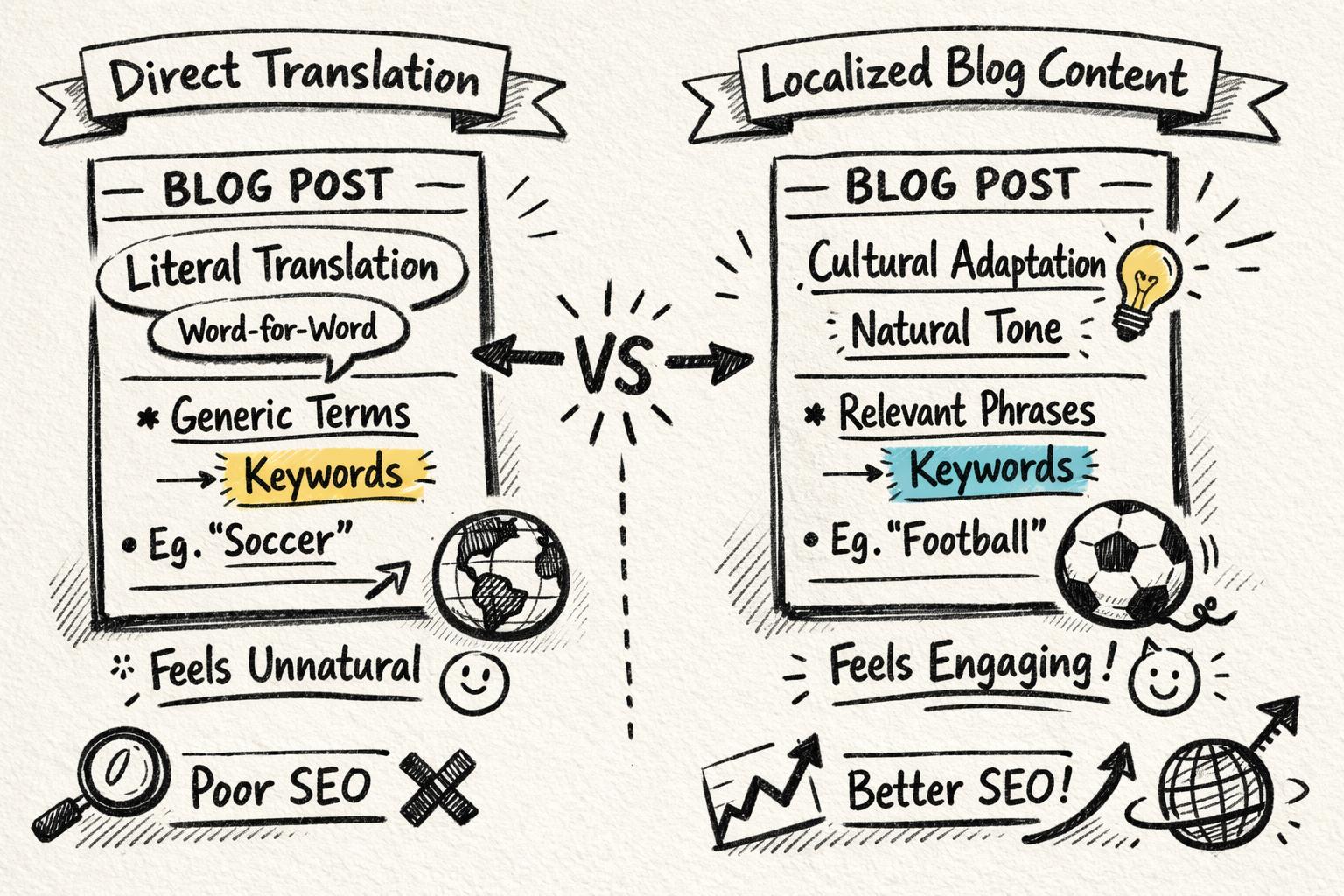 Side-by-side comparison of direct translation vs localized blog content for international SEO.