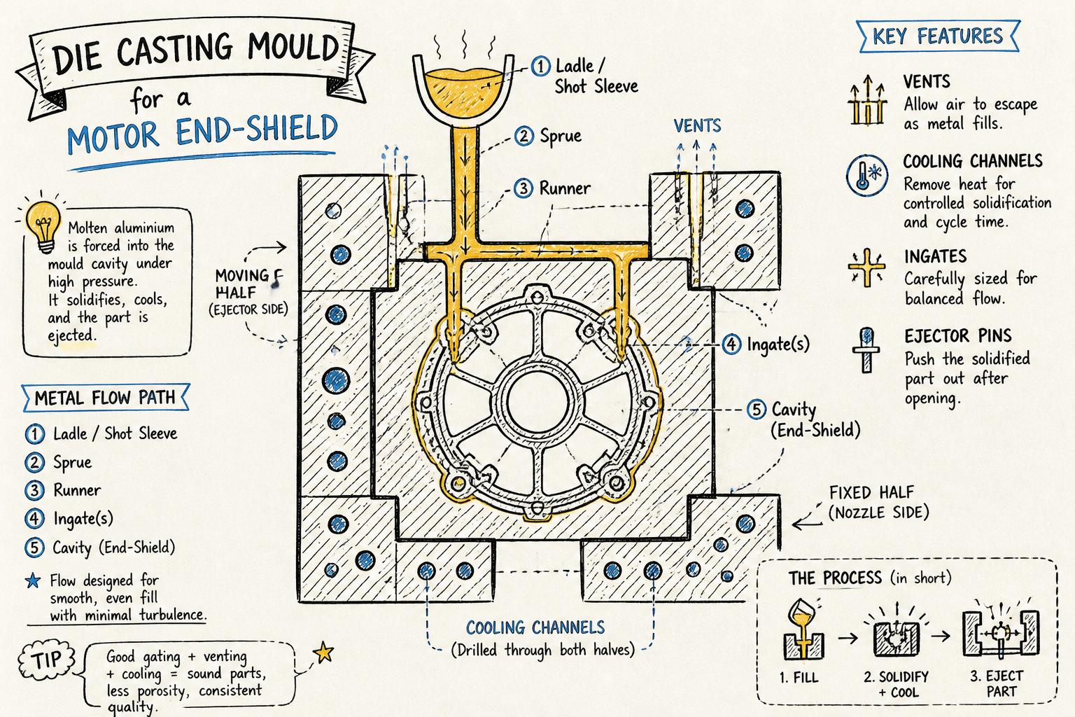 Simplified cross-section of a die casting mould showing molten aluminium flow, gating, vents, and cooling channels around a motor end-shield component