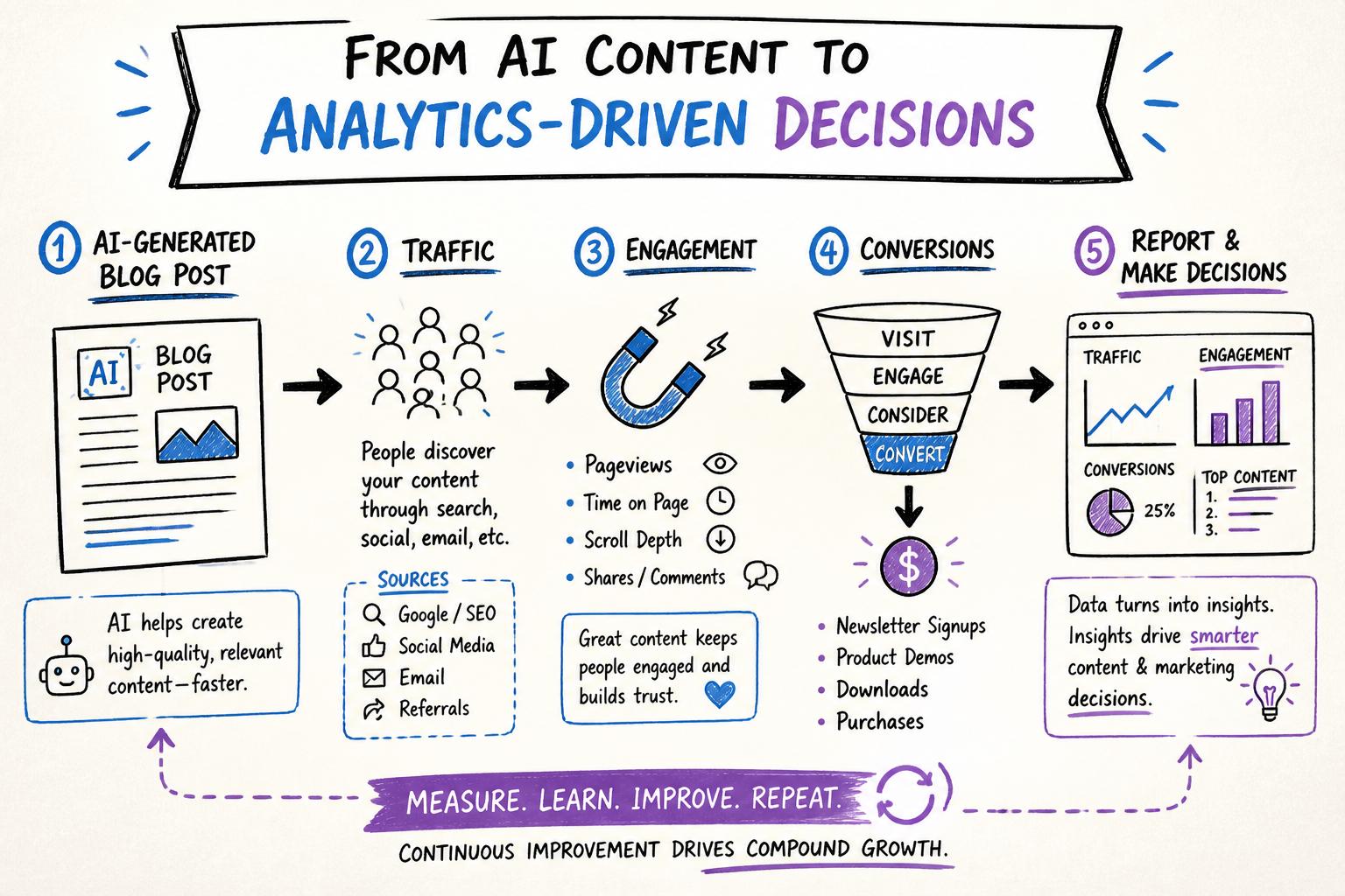 Step-by-step flow from AI-generated blog post to traffic, to engagement, to conversions, to reporting dashboard where decisions are made.