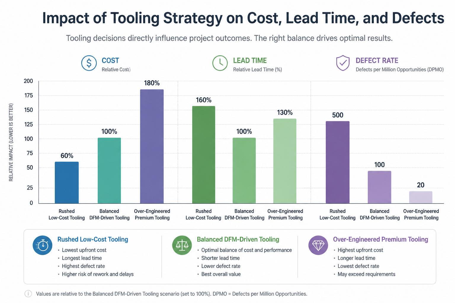 Impact of tooling strategy on cost, lead time, and defects comparative bar chart showing impact of tooling decisions on cost, lead time, and defect rate for three scenarios: rushed low-cost tooling, balanced DFM-driven tooling, and over-engineered premium tooling