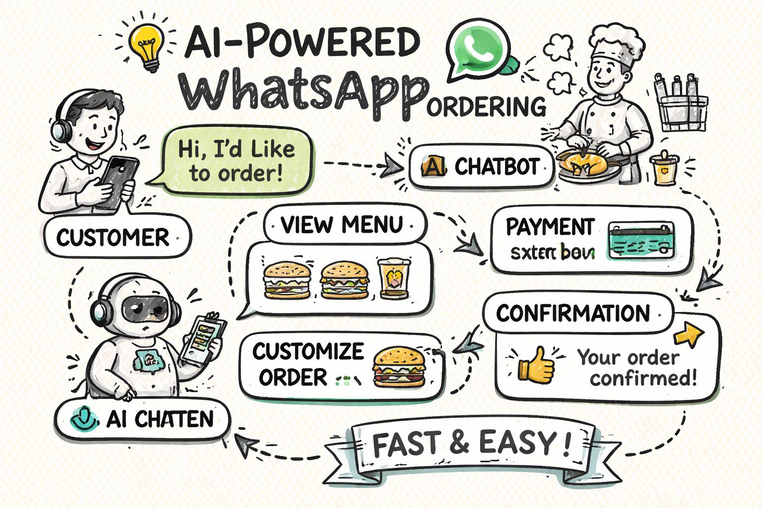 Flow of a WhatsApp AI ordering conversation from customer to restaurant kitchen, including steps like menu browsing, customization, payment, and confirmation