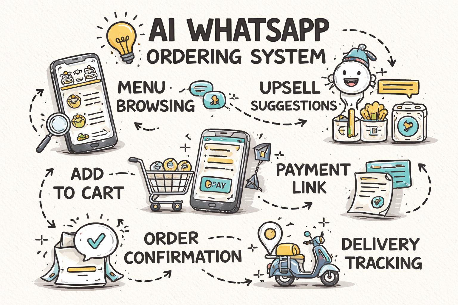 Visual checklist of key capabilities of an AI WhatsApp ordering system for restaurants: menu browsing, add to cart, upsell suggestions, payment link, order confirmation, delivery tracking