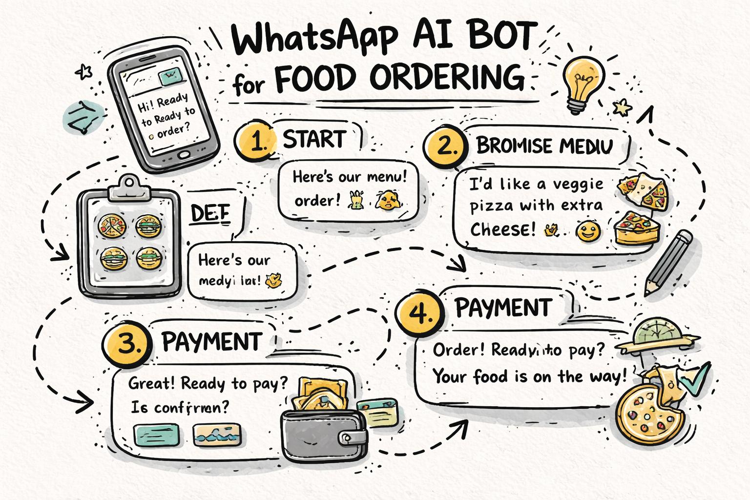 Flow diagram of AI WhatsApp bot for food ordering from greeting to menu, customization, payment handoff, and confirmation