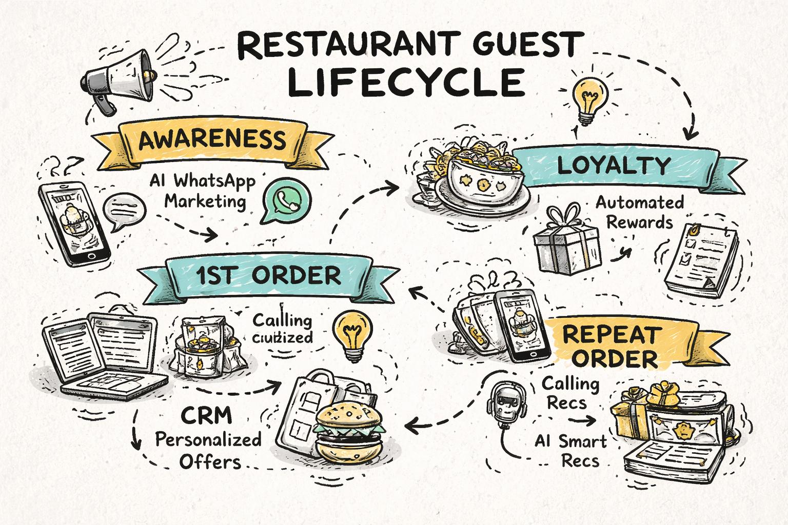 Restaurant guest lifecycle showing awareness, first order, repeat order, loyalty with AI touchpoints like WhatsApp marketing, CRM, and AI calling